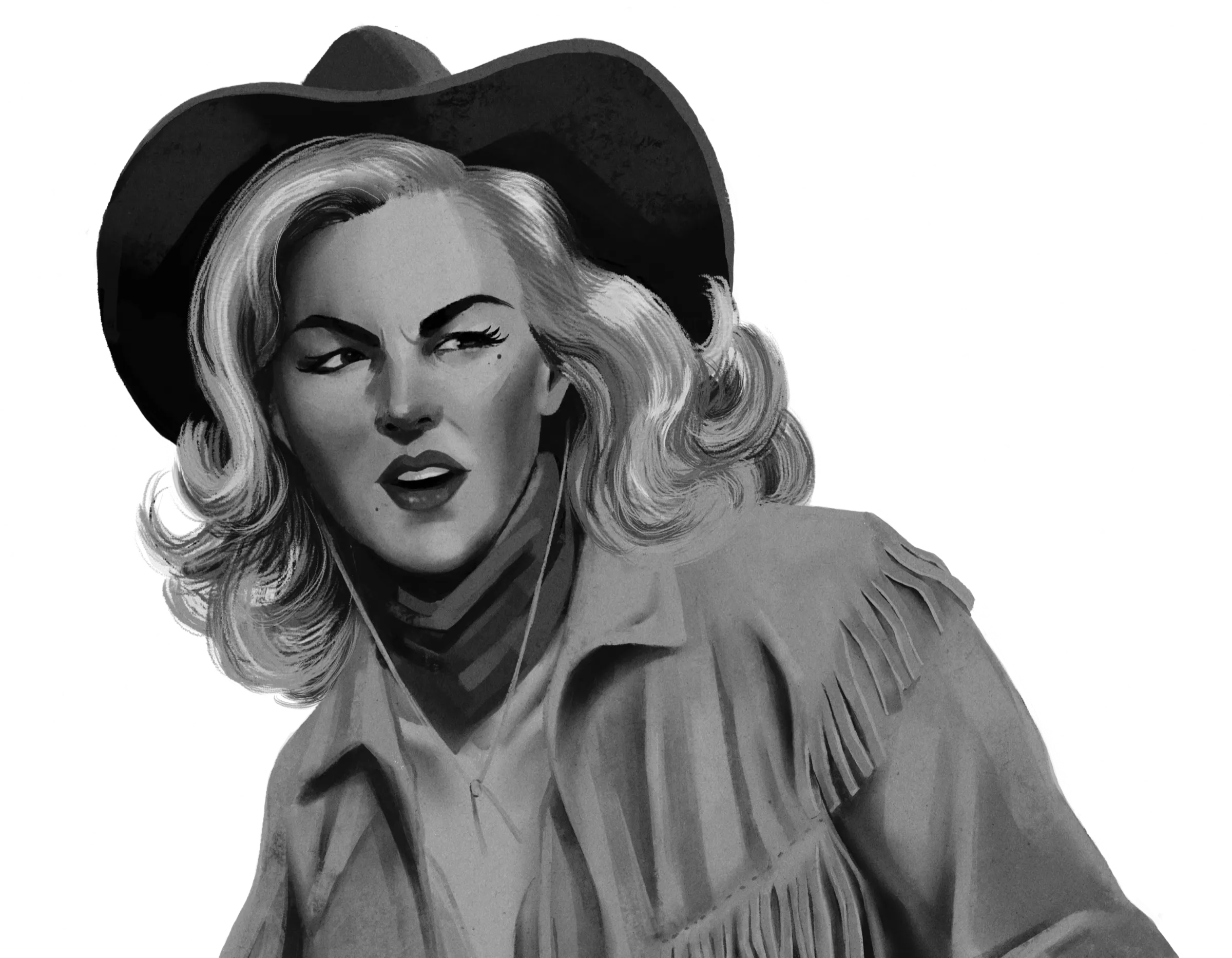 Illustration of a cowgirl in a wide-brimmed hat