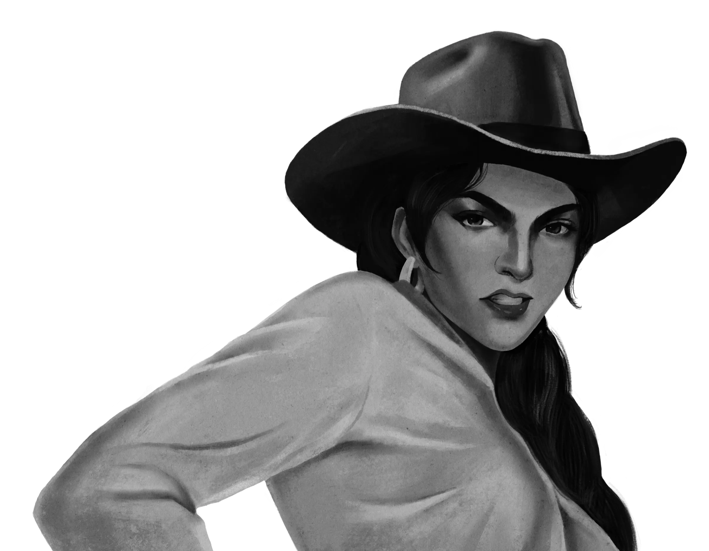 Illustration of a cowgirl in a wide-brimmed hat, hand on hip