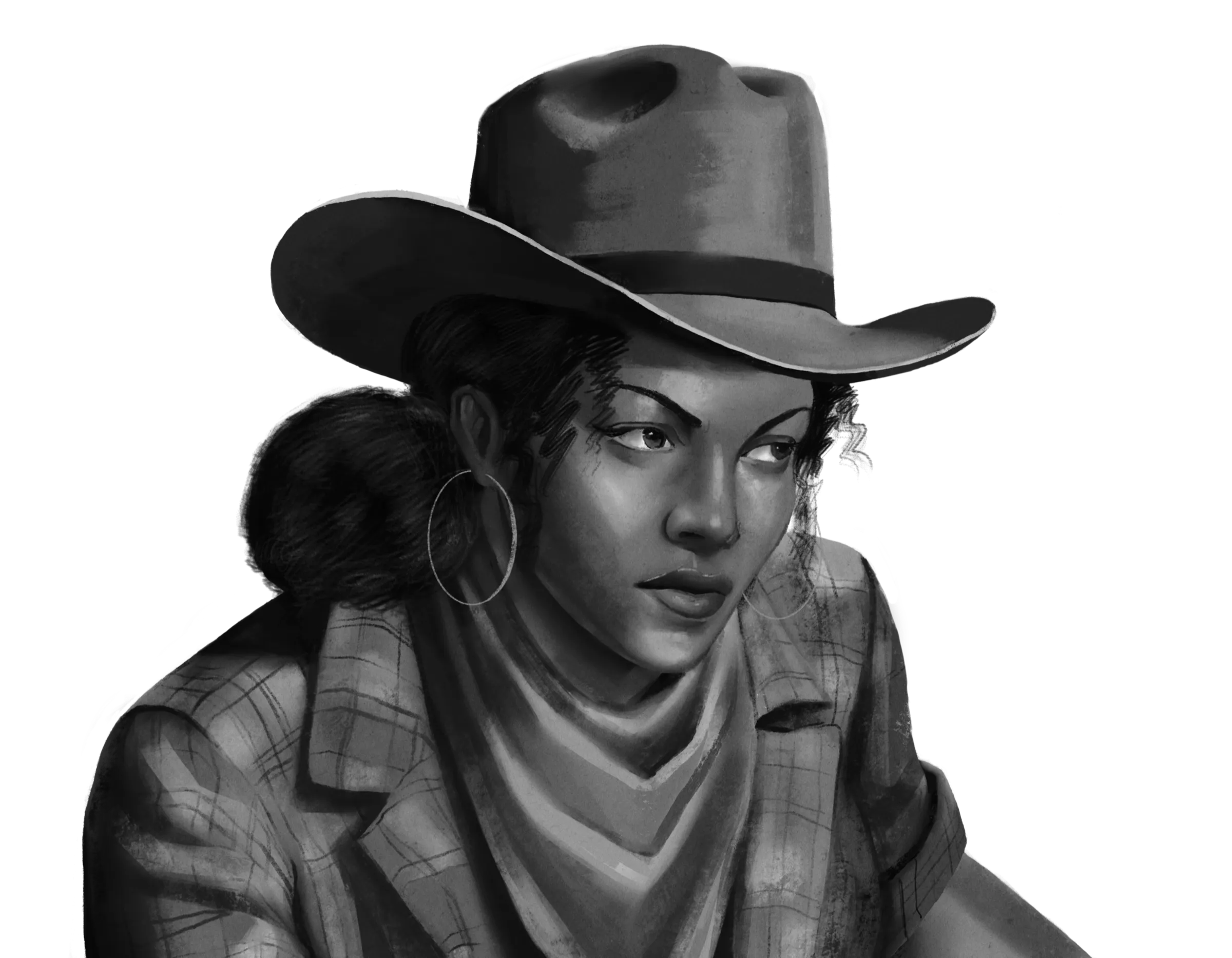 Illustration of a cowgirl in a plaid jacket and hoop earrings